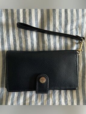 Coach Black Pebbled Leather Wristlet Wallet with Logo Snap
